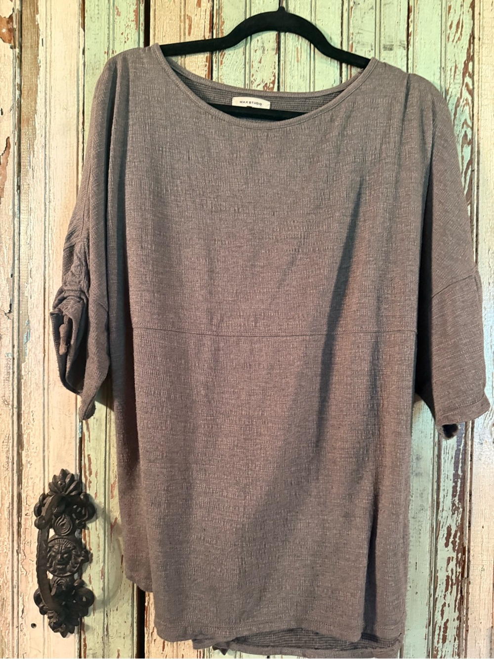 Max Studio Stone Olive Boatneck Tunic with Tie Sleeves